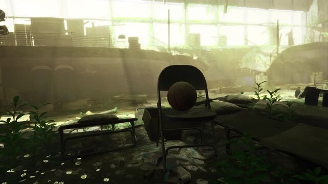 Cinematic scene created in vacant basketball court with foliage. Filmmakers set up atmospheric sequence on deserted basketball court surrounded by greenery