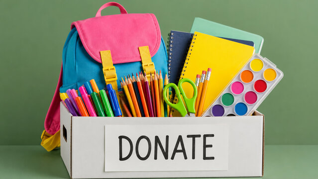 A white box labeled "DONATE" is filled with colorful school supplies like notebooks, colored pencils, markers, watercolors, scissors, and a backpack against a green background.