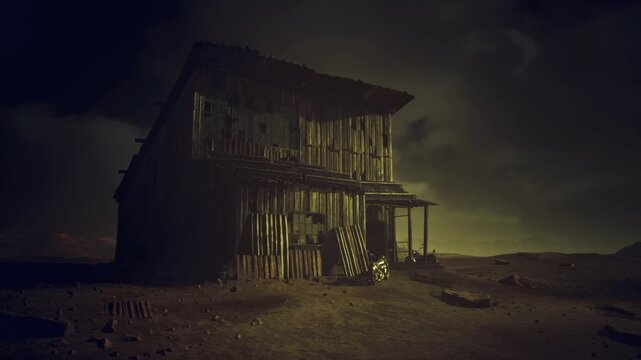 Weathered western shack with broken porch posts, scattered wagon wheel, sunbleached boards, cinematic low light invoking frontier memory and rustic decay