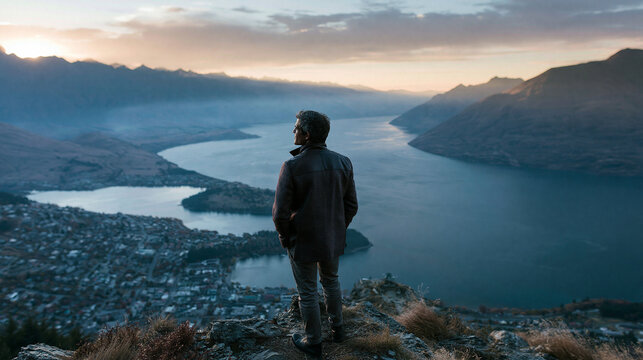 Man Contemplating Mountain Valley at Sunset