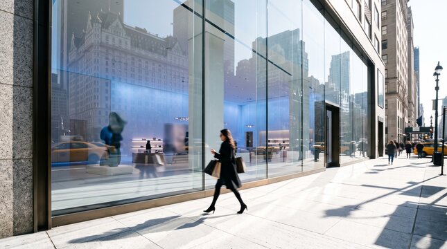 Woman Walking Past Modern Glass Office Building Storefront