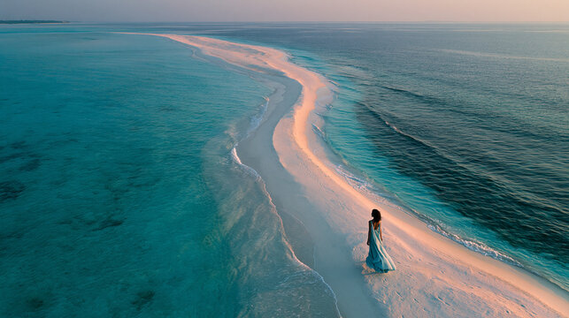 Woman Standing on Sandbar at Sunset