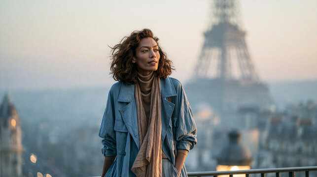 Woman Contemplating City View at Sunset in Paris