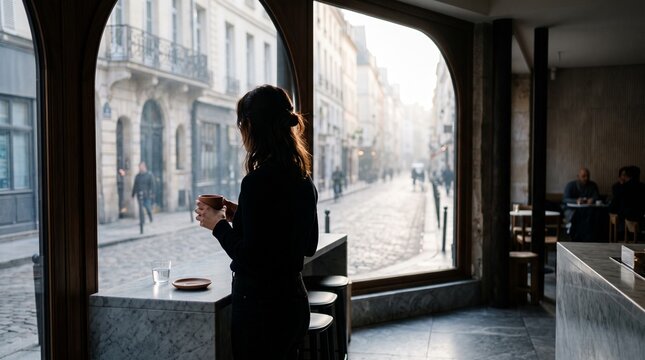 Woman Enjoying Coffee at Caf&eacute; Window Overlooking Paris Street