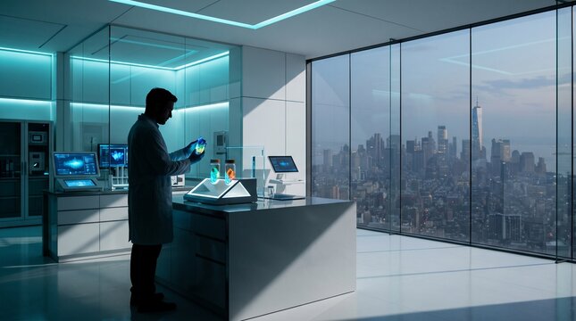 Scientist Analyzing Holographic Data in High-Tech Laboratory