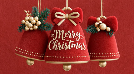 Obraz premium Fluffy soft bell, Christmas ball, berry. Merry Christmas card on a red background.
