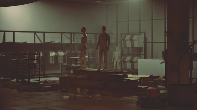 Cinematic tableau mannequins standing on pallets art director arranging composition, scattered relics, moody green lighting and textured floor evoke staged