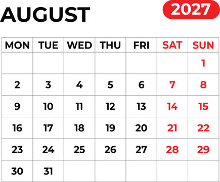 August 2027 Monthly Calendar with Sunday Start Printable Calendar