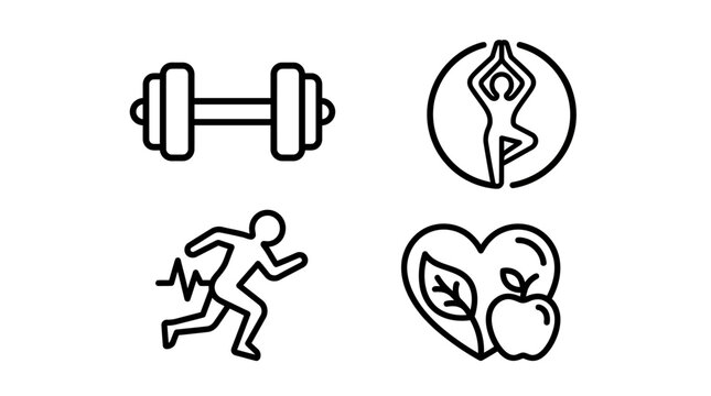 Minimalist black outline icons depicting a dumbbell, yoga pose, running person and healthy heart on a clean white background
