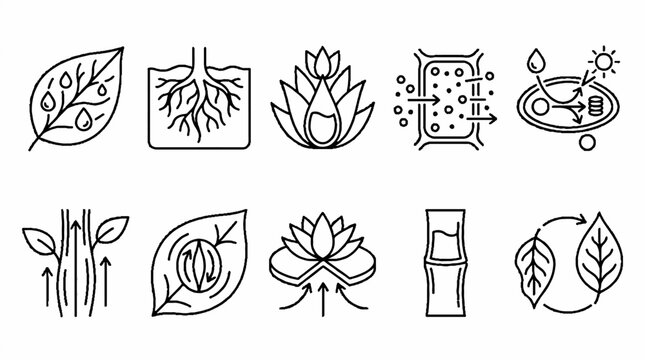 A collection of ten hand drawn botanical and biological process icons.