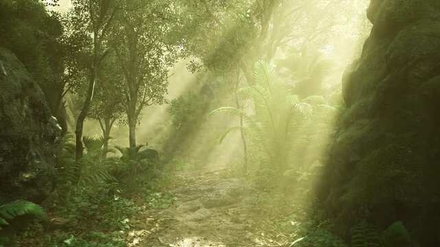 Soft misty woodland with light rays filtering through canopy, gentle atmosphere and muted greens evoke calm, perfect for meditation, wellness and slow travel