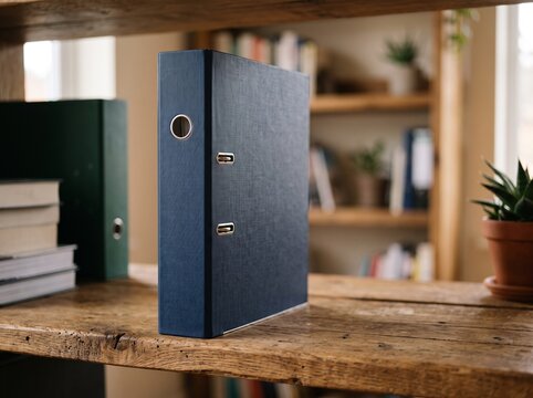 Blue Office Binder on a Rustic Wooden Shelf Mockup