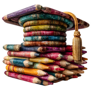 Stacked colorful graduation caps with tassels arranged in vibrant display