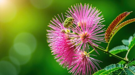 Obraz premium Close-up of pink mimosa flowers and green leaves. Soft sunlight illuminates delicate petals against a blurred green background. Nature detail shows fragile floral beauty.