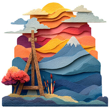 Handcrafted paper pop-up art depicting layered mountain landscape with wooden frame and autumn foliage