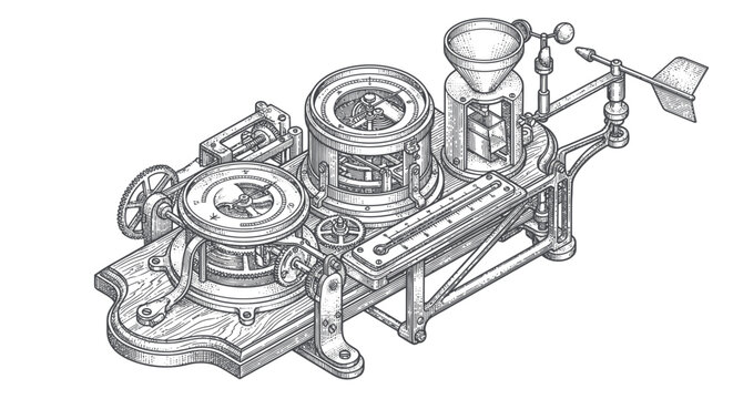 Vintage mechanical typewriter illustration with intricate parts.