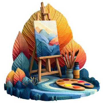 Handcrafted paper pop-up art display featuring vibrant painting and artist tools on textured base