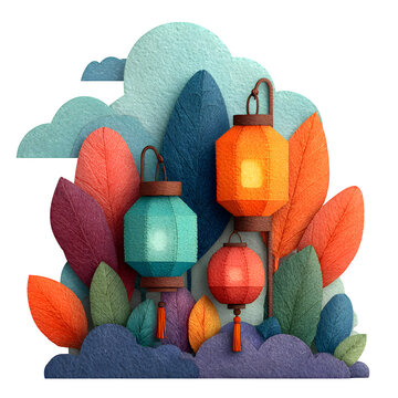 Handcrafted paper lanterns arranged in autumn foliage with cloud background for seasonal decor