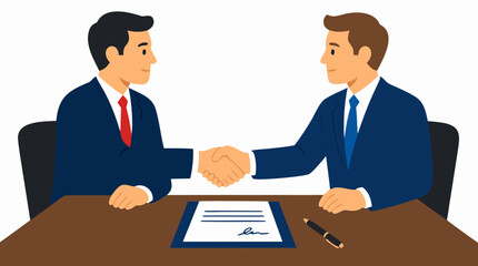 Obraz premium Business partners shaking hands over signed contract with pen, flat vector design of professional corporate partnership agreement, executive deal closure and successful workplace negotiation in