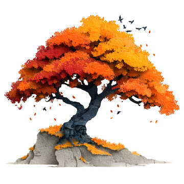 Autumn bonsai tree with vibrant foliage growing on rocky terrain in editorial illustration style