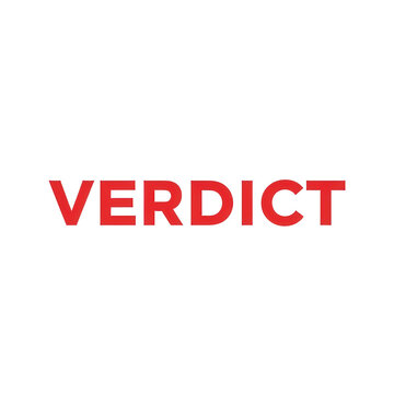 Verdict text in bold red font, legal judgment concept on white background, judicial decision and courtroom outcome typography