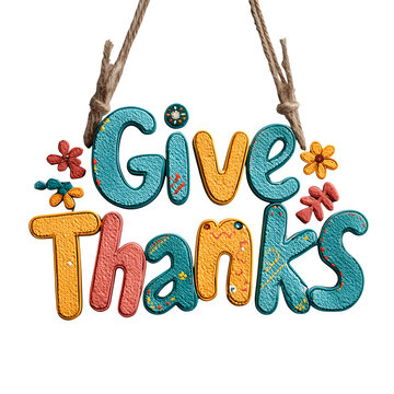 Colorful handcrafted wooden sign displaying give thanks message with floral accents hanging on twine