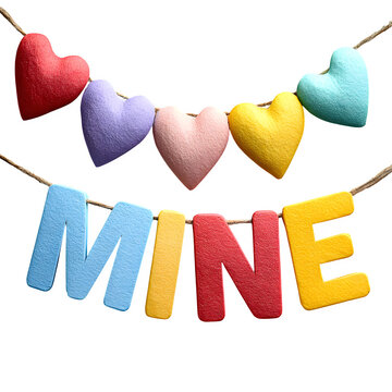 Handcrafted felt heart garland with pop-up letters spelling mine for personalized gift decoration