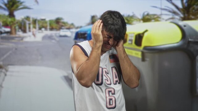 Man covers ears with hands in basketball uniform on street beside yellow trash bin and parked car; distress frustration.