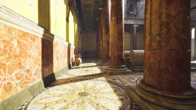 Sunlit colonnade casting mosaic floor shadows, long row of polished columns and intricate tesserae, perspective leading to distant archway and warm courtyard
