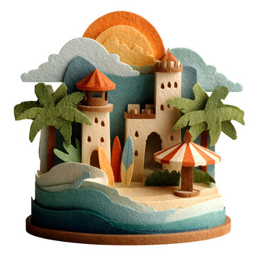 Handcrafted paper pop-up model of a tropical beach resort with palm trees and ocean waves