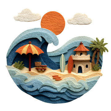 Handcrafted paper pop-up beach scene with palm trees and beach hut during sunset