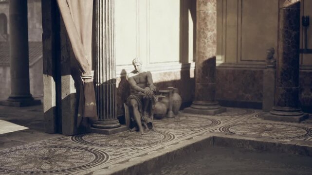 Reclining marble statue beside sunlit window and mosaic edge, soft daylight bathing carved figure and nearby amphora, contemplative museum quiet and textured