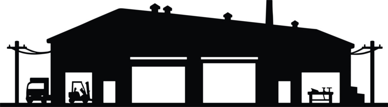 Industrial warehouse building silhouette with a forklift, a delivery truck, and a workbench visible through the open garage doors