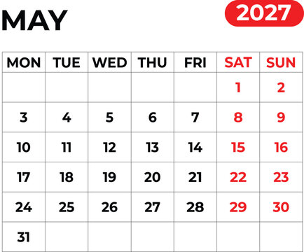 May 2027 Monthly Calendar with Sunday Start Printable Calendar Template