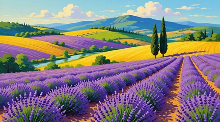 Naklejka premium Purple lavender flower fields grow near blue river in rural landscape. Rolling green hills, yellow wheat meadows stretch under bright summer sky. Cypress trees stand by valley in scenic provence
