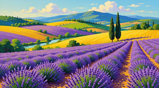 Purple lavender flower fields grow near blue river in rural landscape. Rolling green hills, yellow wheat meadows stretch under bright summer sky. Cypress trees stand by valley in scenic provence