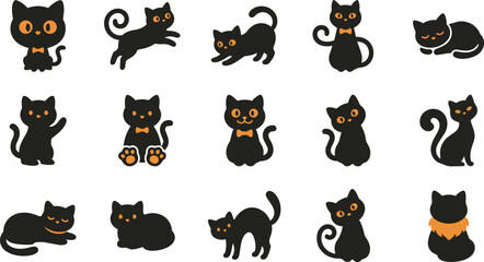 Obraz premium Cute Black Cat Vector Set Halloween Kitty Poses Clipart Collection