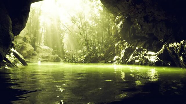 Sunlit cave lagoon framed by rocks, luminous water surface contrasting with dark entrance, beams penetrating canopy, secluded mood with gentle reflections