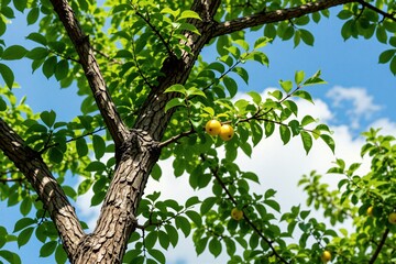 Fototapeta premium Bark texture tree branches with green leaves and yellow fruits against blue sky. Close up of woody plant with bright sunlight. Natural scene.