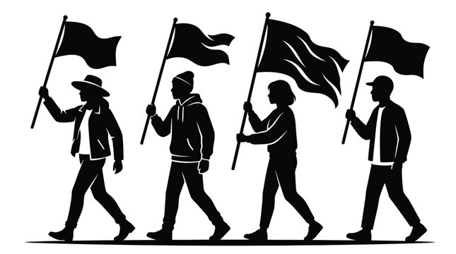 Four diverse people walking together holding waving flags in a bold black and white silhouette design