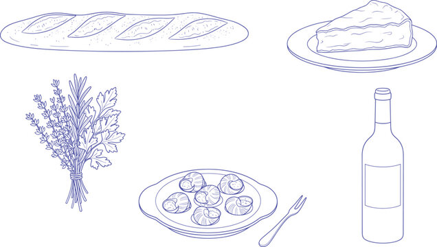 French Cuisine Line Art Set Baguette Pie Herbs Escargot and Wine Bottle