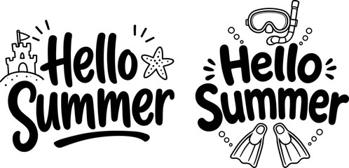 Fototapeta premium Hello summer typographic illustration with beach and snorkeling icons and hand drawn elements