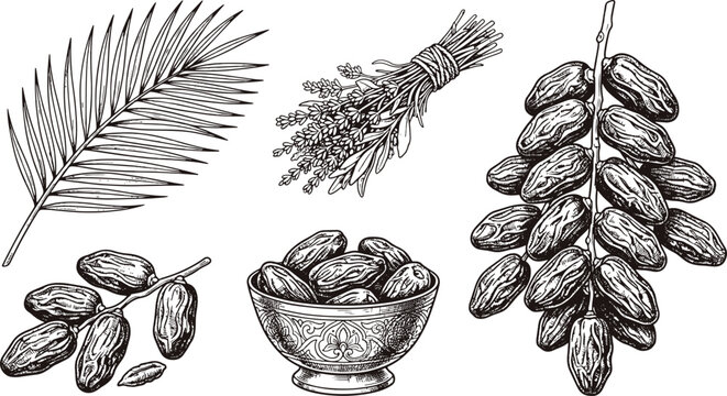 Collection of dried date fruit illustrations with palm leaf and bowl in vintage sketch style illustration ingredient vegetarian nutrition superfood culinary monochrome engraving detailed