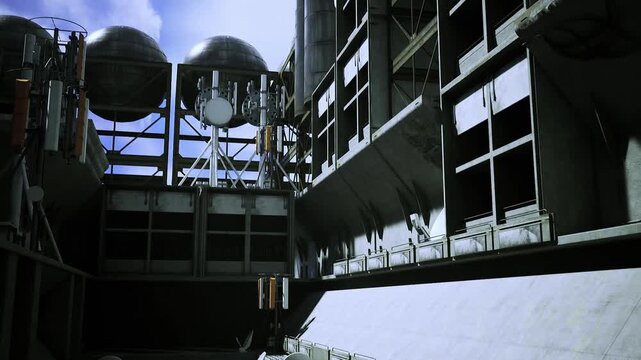 Overhead tanks and metal catwalks under bright sky, complex network of piping and supports framing industrial silhouette strong highlights and deep shadows