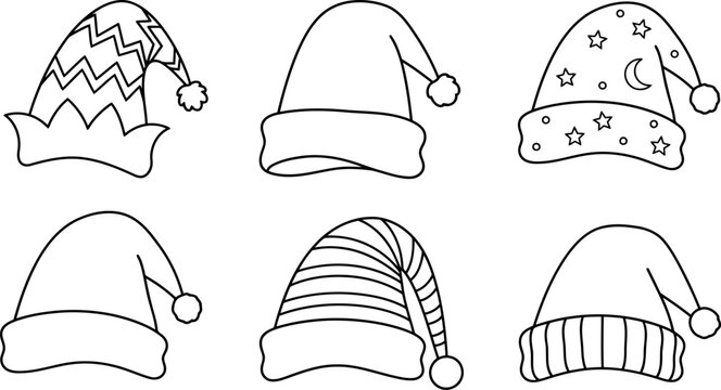 Set of various christmas santa claus hats, elf hat, and nightcap, outline style illustration