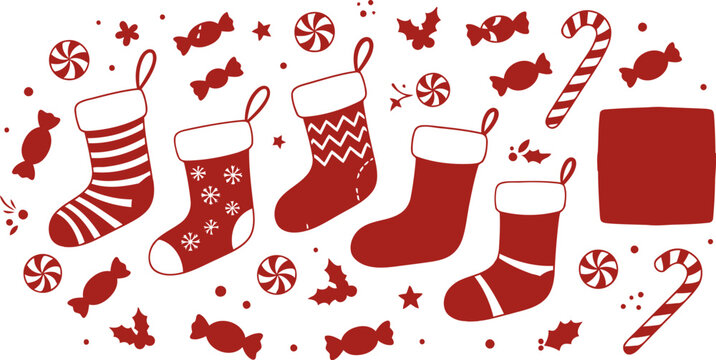 Christmas stockings and candies pattern, festive holiday background with red socks, peppermint sweets, candy canes and holly leaves