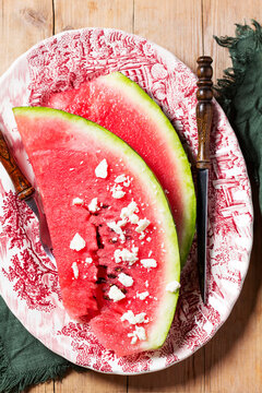 A Moldavian and Romanian appetizer made with watermelon and sheep's cheese.