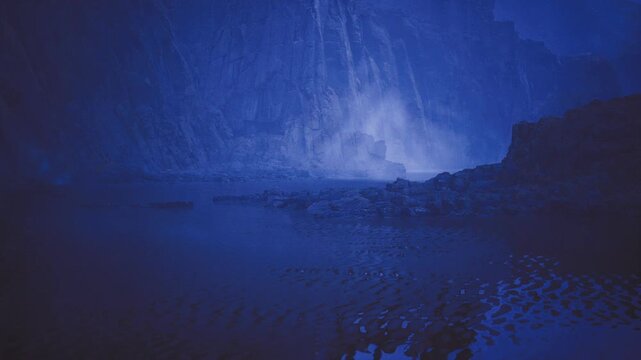 Mystic lagoon under soft glow, glassy water reflecting blurry shore, faint islet silhouettes, ethereal blue lighting, dreamlike atmosphere for fantasy