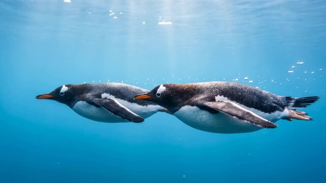 two gentoo penguin underwater close up in antarctic peninsula morning light video