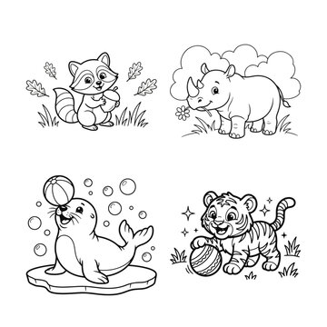 Four animal illustrations in a cartoon style featuring a raccoon rhino seal and tiger illustration line art. Coloring page for kids. Coloring page set for kids.